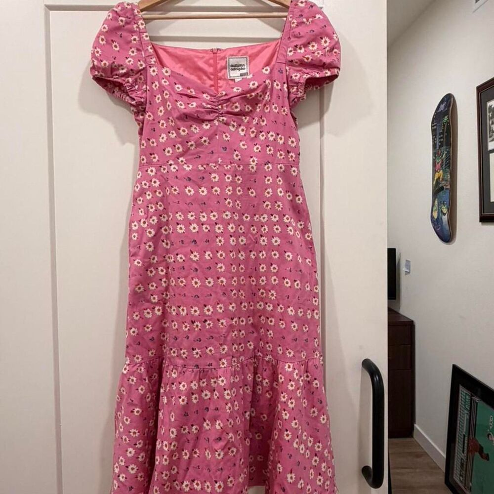 Autumn Adeigbo Courtney Dress - Pink Floral Puff Sleeve Midi - Size 10
